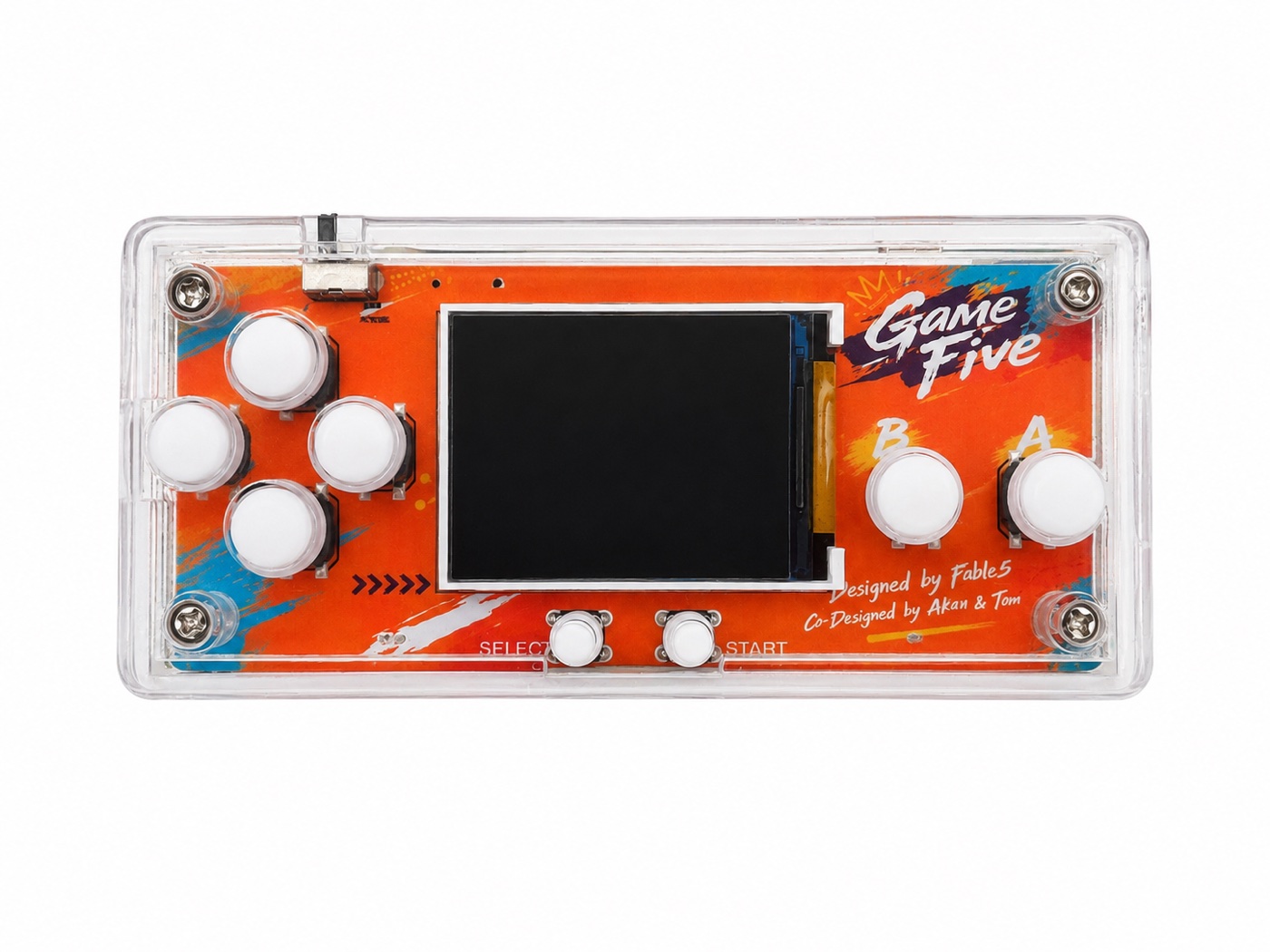 Game Five 試作4。透明ケースに組み込み、白い押しボタンキャップを装着